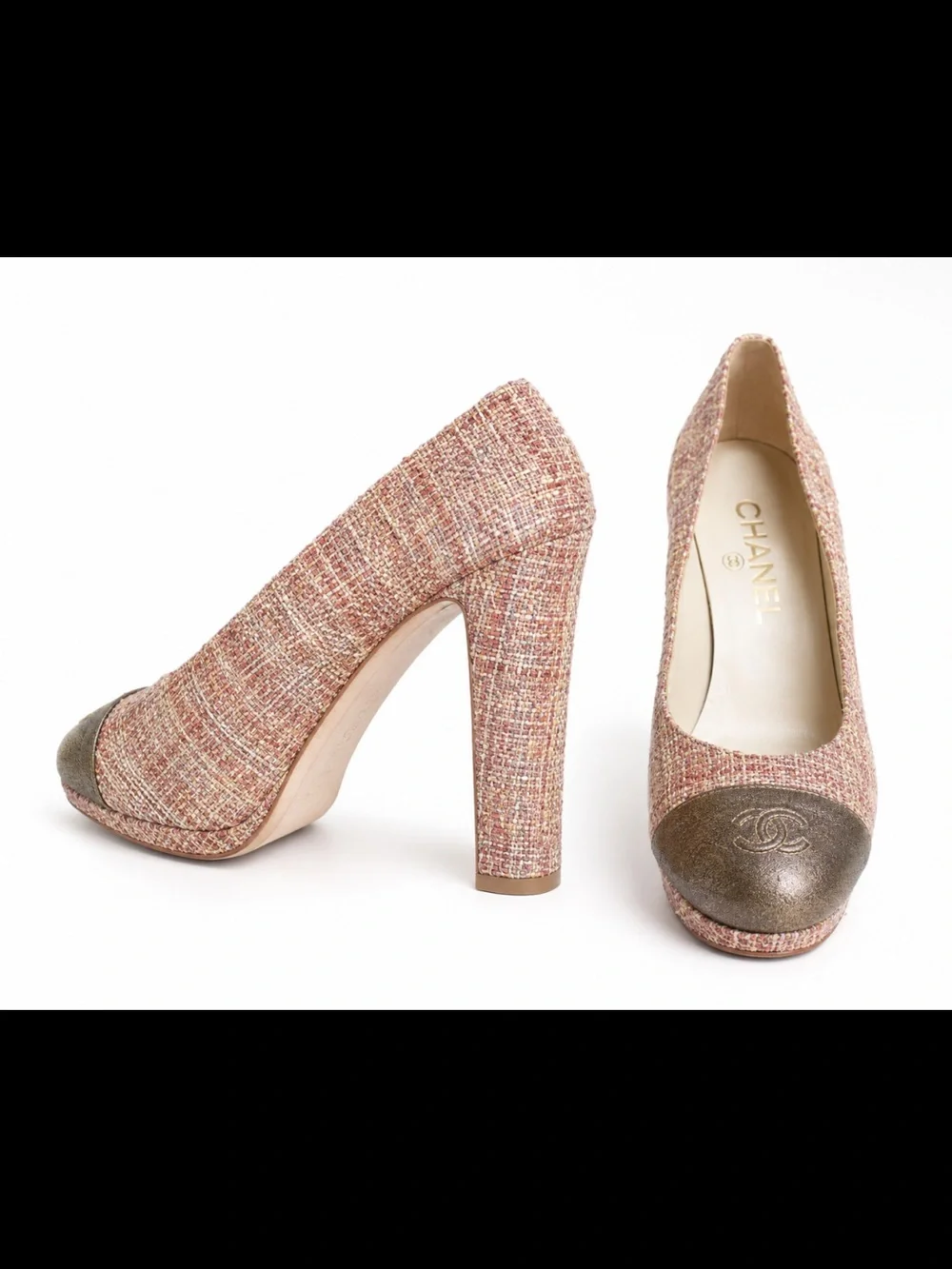 CHANEL Two-Tone Beige and Metallic Cap-Toe tweed heels 38 1/2 38.5